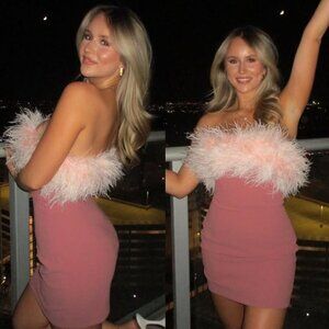 House of CB Alexa Warm Pink Feather Strapless Mini Dress‎ Size S